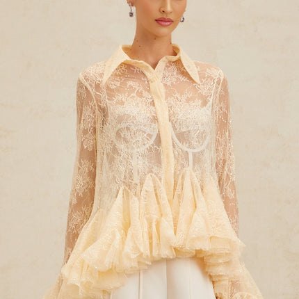 Violet wearing Neutrals Floral Lace Ruffled Sequin Blouse