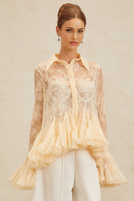 Violet wearing Neutrals Floral Lace Ruffled Sequin Blouse