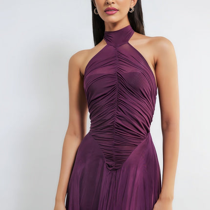 Violet Purple Maxi Dress Tulle Halter Neck Ruched Detailing Open Back Flared Bottom Dramatic Train Design Special Occasions Glamour 100% Terylene Fiber Comfort Enchanting Creation
