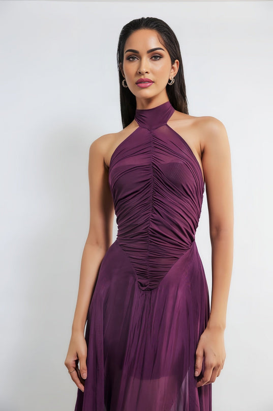 Violet Purple Maxi Dress Tulle Halter Neck Ruched Detailing Open Back Flared Bottom Dramatic Train Design Special Occasions Glamour 100% Terylene Fiber Comfort Enchanting Creation
