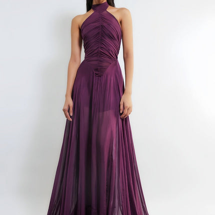 Violet Purple Wine Halter Neck Maxi Dress with Ruched Detailing