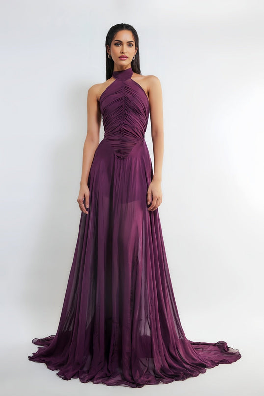 Violet Purple Wine Halter Neck Maxi Dress with Ruched Detailing