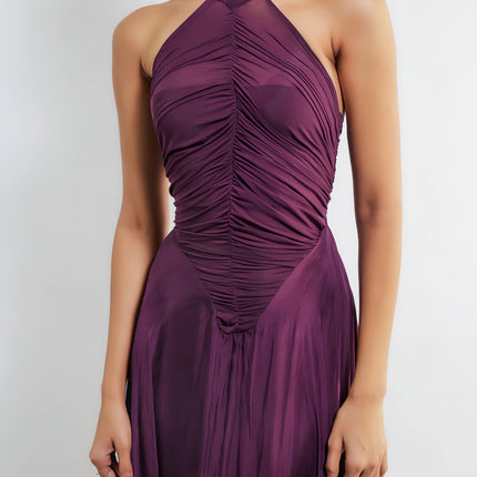 Violet Purple Wine Halter Neck Maxi Dress with Ruched Detailing