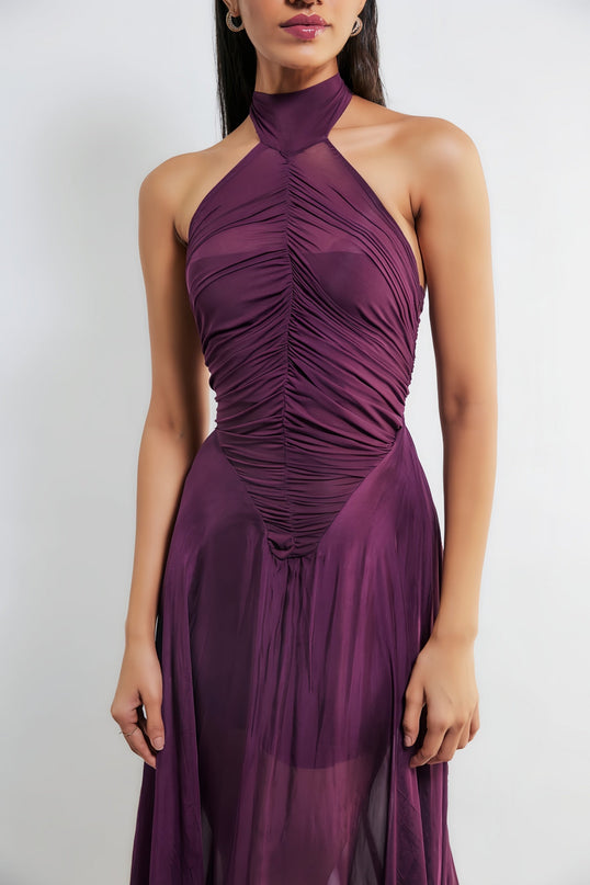 Violet Purple Wine Halter Neck Maxi Dress with Ruched Detailing