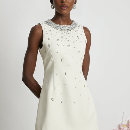 Violet White Crystal Embellished Mini Dress Sleeveless Rear Zip
