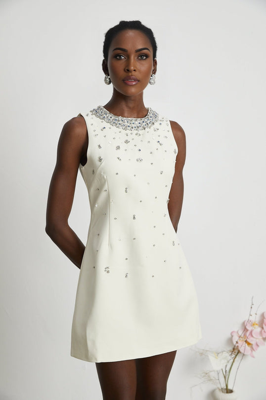 Violet White Crystal Embellished Mini Dress Sleeveless Rear Zip