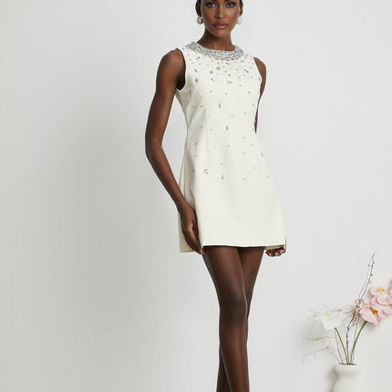 Violet White Crystal Embellished Mini Dress Sleeveless Rear Zip