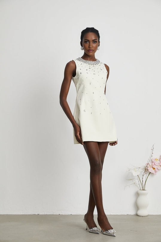Violet White Crystal Embellished Mini Dress Sleeveless Rear Zip