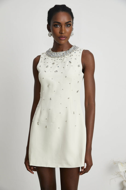 Violet White Crystal Embellished Mini Dress Sleeveless Rear Zip Fastening
