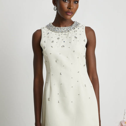 Violet White Crystal Embellished Sleeveless Mini Dress