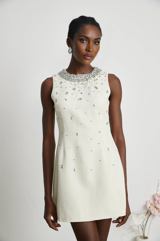Violet White Crystal Embellished Sleeveless Mini Dress
