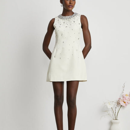 Violet White Crystal Embellished Sleeveless Mini Dress