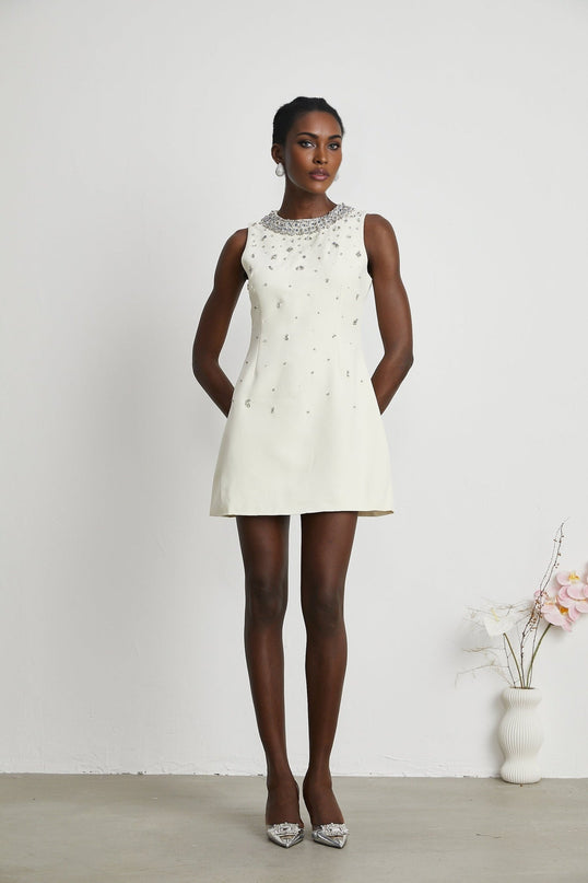 Violet White Crystal Embellished Sleeveless Mini Dress