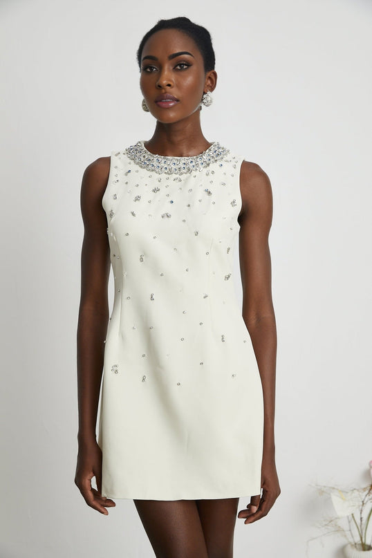 Violet White Crystal Embellished Sleeveless Mini Dress