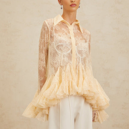 Violet's Neutrals Floral Lace Ruffled Sequin Blouse Peplum Pointed Collar