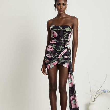 Violetta Black Floral Asymmetric Feminine Mini Dress