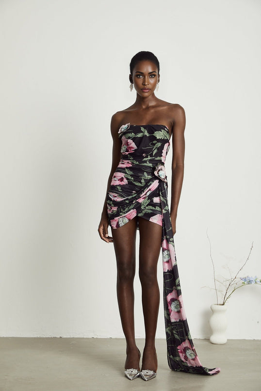Violetta Black Floral Asymmetric Feminine Mini Dress