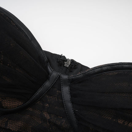 Violetta Black Mesh Bustier Mini Dress with Faux Leather Accents