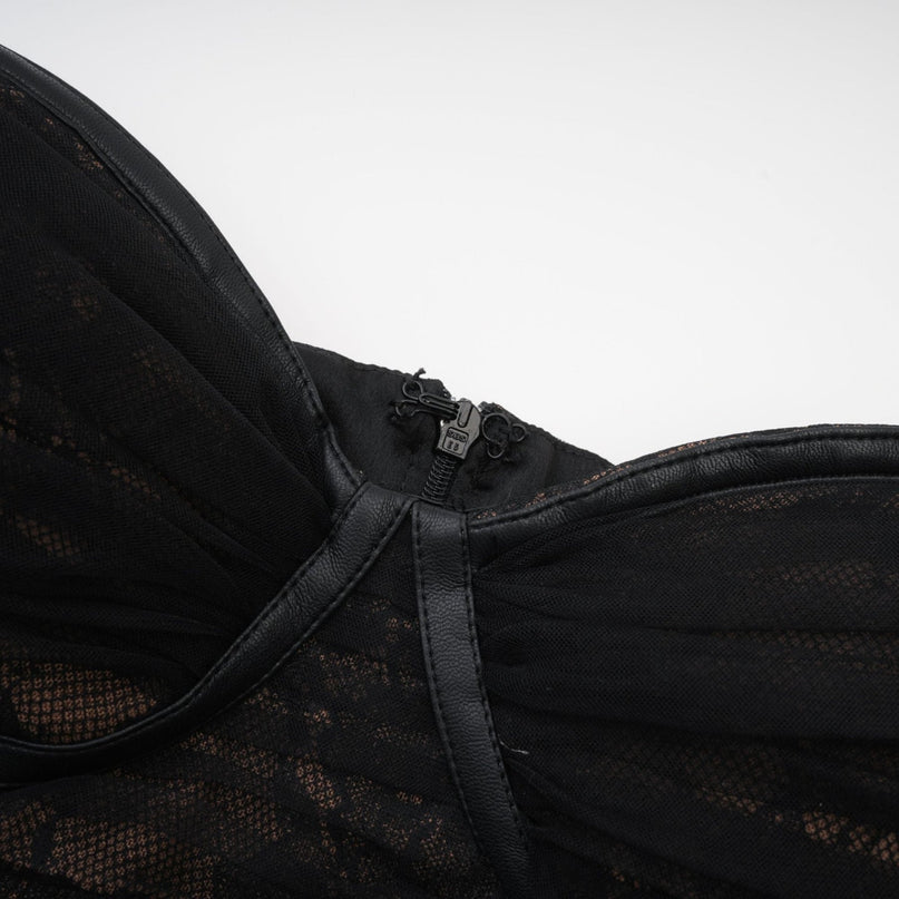 Violetta Black Mesh Bustier Mini Dress with Faux Leather Accents