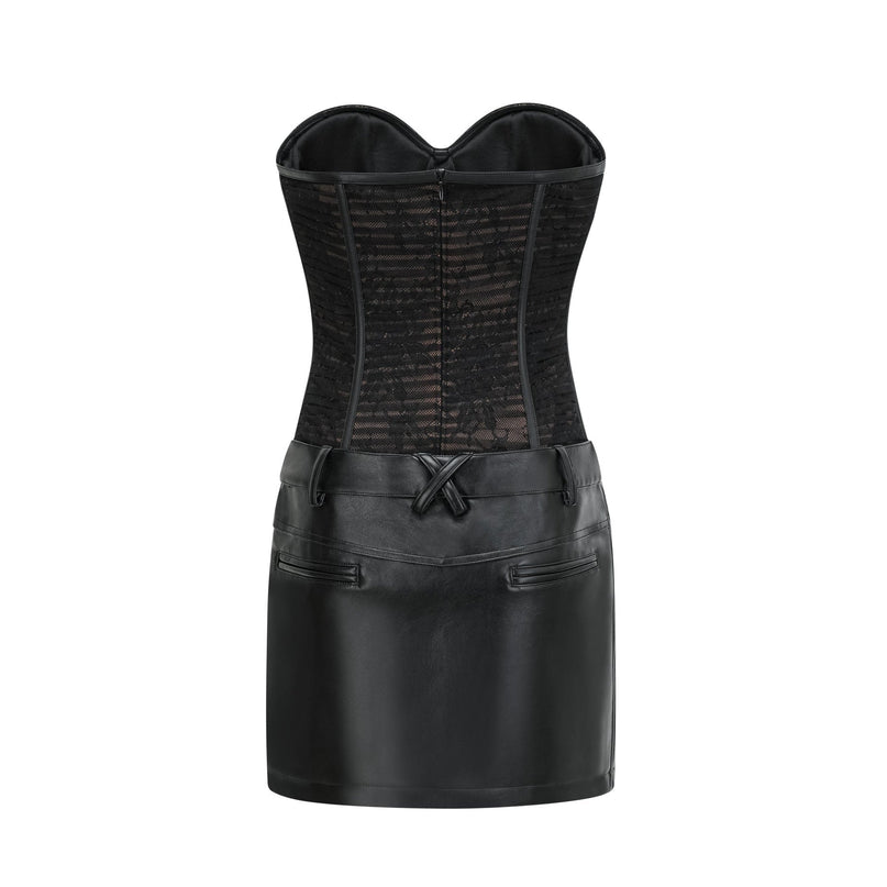 Violetta Black Mesh Bustier Mini Dress with Faux-Leather Accents