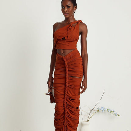 Violetta Brown Terylene Skirt Top Set