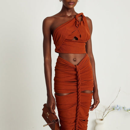 Violetta Brown Terylene Skirt Top Set