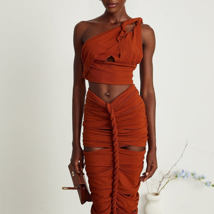 Violetta Brown Terylene Skirt Top Set