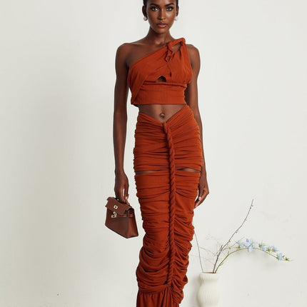 Violetta Brown Terylene Twisted Cut-Out Skirt Top Set