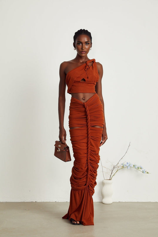 Violetta Brown Terylene Twisted Cut-Out Skirt Top Set