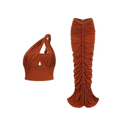 Violetta Brown Twisted Cut-Out Skirt Top Set
