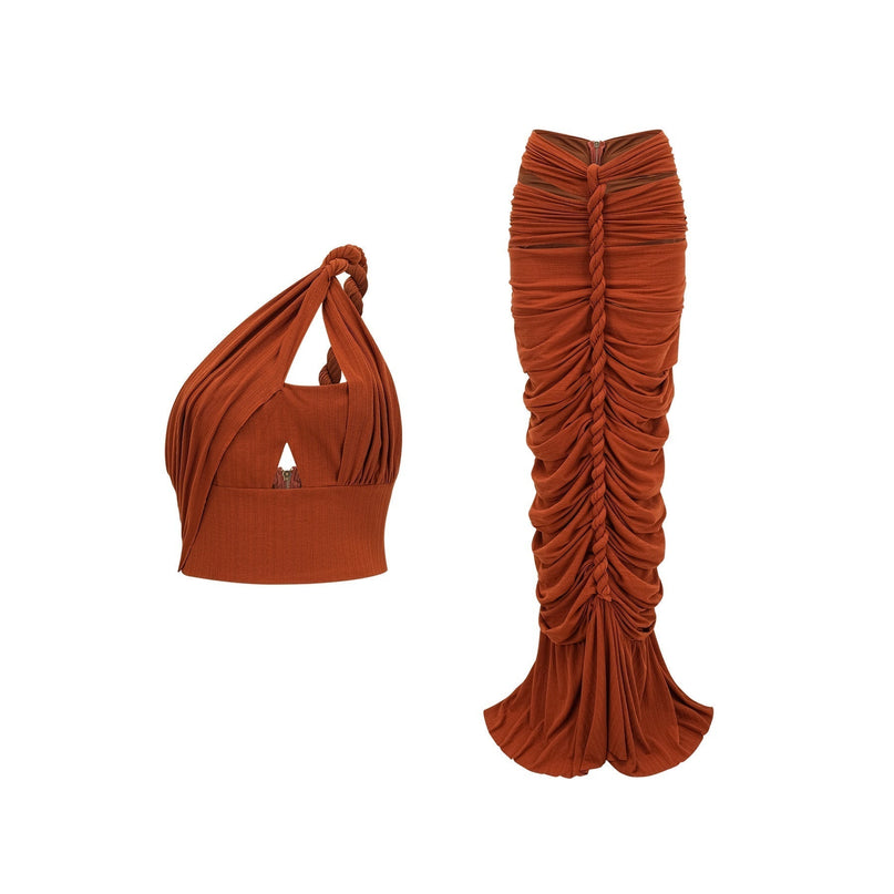 Violetta Brown Twisted Cut-Out Skirt Top Set
