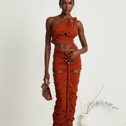 Violetta Brown Twisted Cut-Out Skirt Top Set