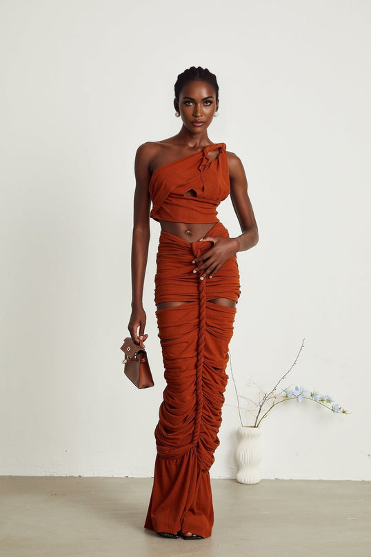 Violetta Brown Twisted Cut-Out Skirt Top Set