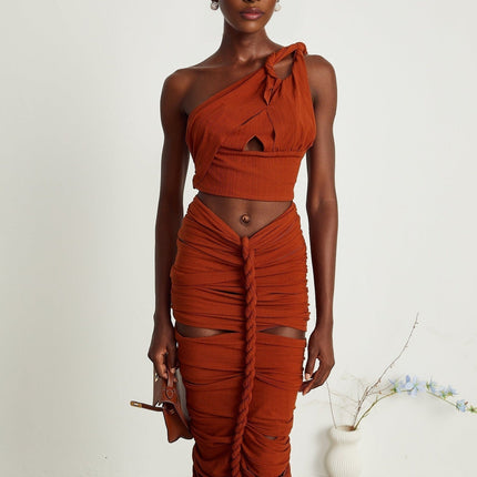 Violetta Brown Twisted Cut-Out Skirt Top Set