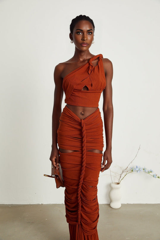 Violetta Brown Twisted Cut-Out Skirt Top Set