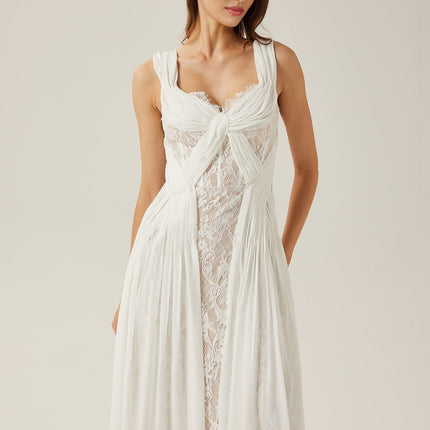 Violetta White Lace Maxi Dress V-neck Sleeveless Twist Detail
