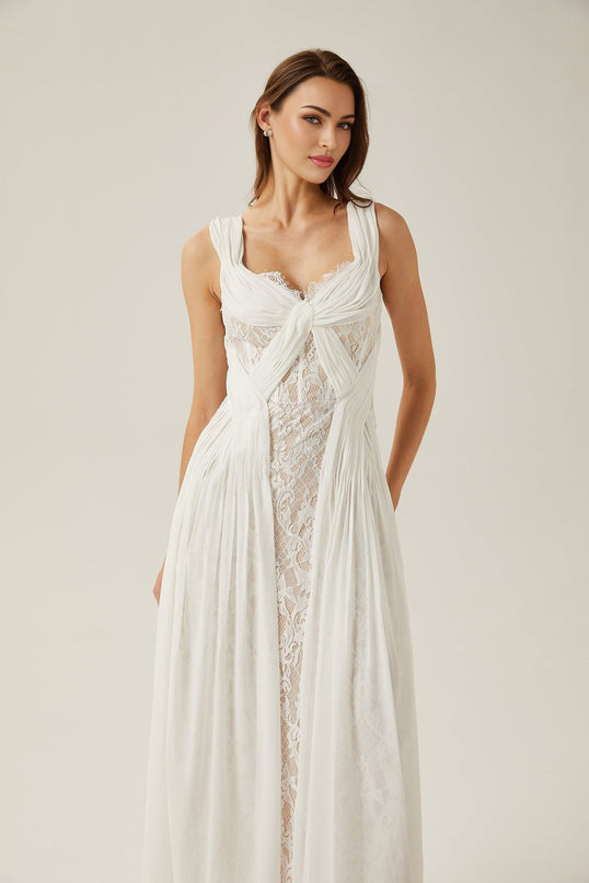 Violetta White Lace Maxi Dress V-neck Sleeveless Twist Detail