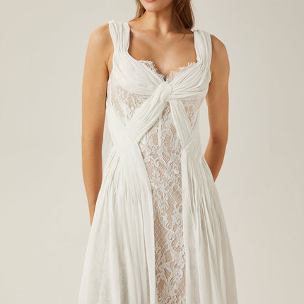Violetta White Lace Maxi Dress V-neck Sleeveless Elegant Twist Detail