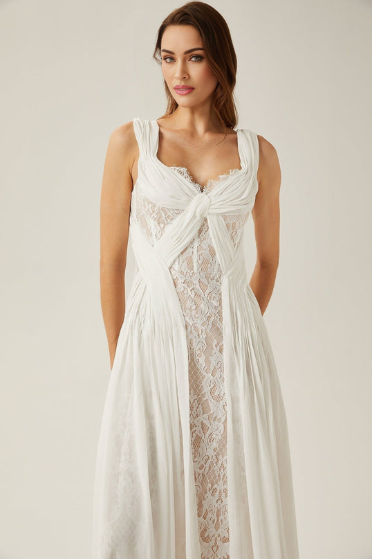 Violetta White Lace Maxi Dress V-neck Sleeveless Elegant Twist Detail