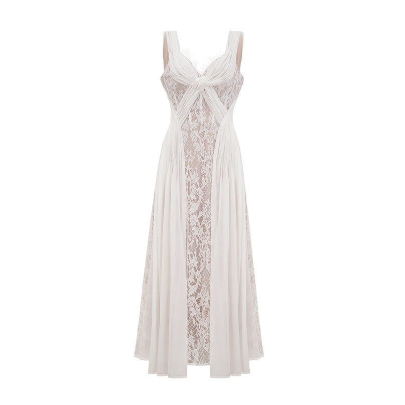 Violetta White Lace Maxi Dress V-neck Twist Detail Elegant Formal Wear