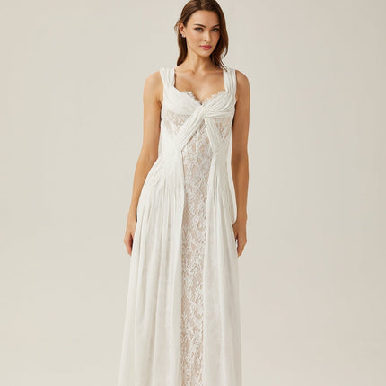 Violetta White Lace Maxi Dress V-neck Sleeveless Twist Detail Elegant Formal Gown
