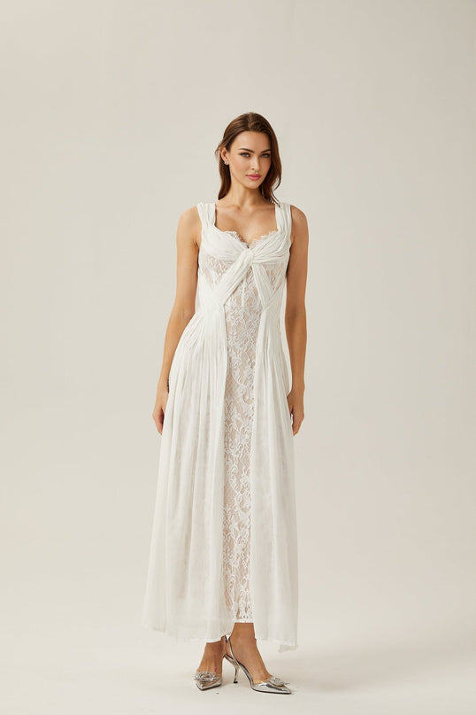 Violetta White Lace Maxi Dress V-neck Sleeveless Twist Detail Elegant Formal Gown