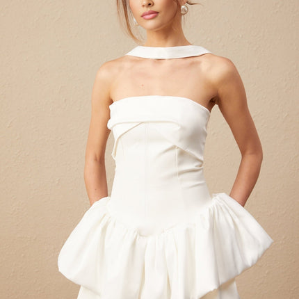 Violetta White Halterneck Mini Dress Terylene Fiber Ruched Detailing Rear Zip Fastening Ruffled Hem Undershorts Thigh Length