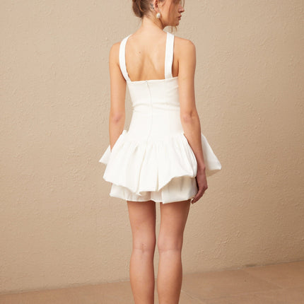 Violetta White Halterneck Mini Dress Layered Ruched Detailing Rear Zip Fastening Ruffled Hem Undershorts Thigh-Length Versatile Elegant Sophisticated Terylene Fiber Sleeveless Playful Refine