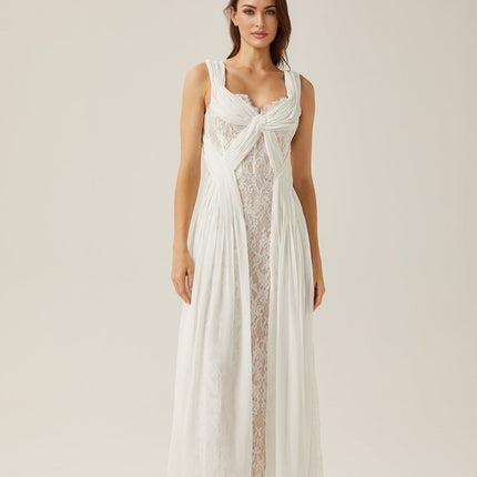 Violetta White Lace Maxi Dress V-neck Sleeveless Elegant Twist Pleat Detailing Ribbon Zip Special Occasion 79% Cotton 21% Polyester