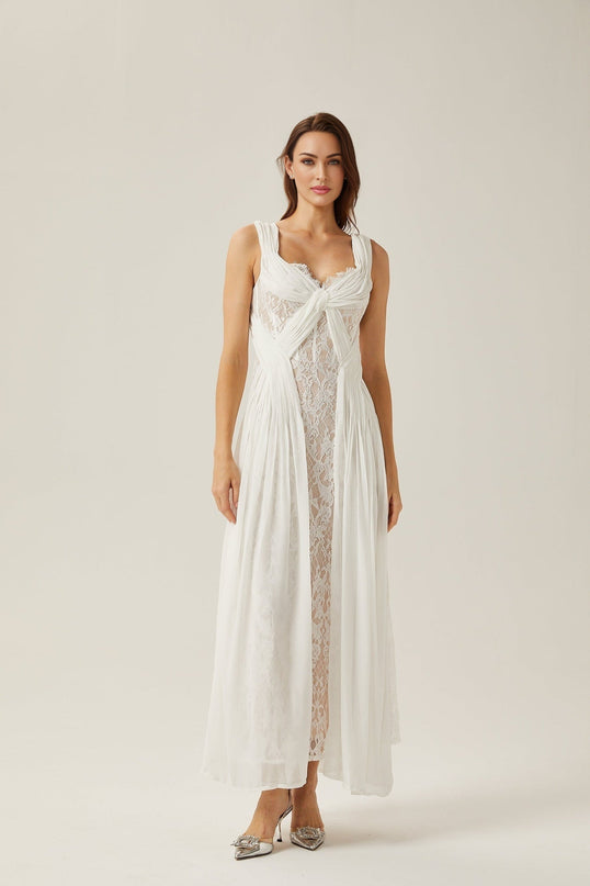 Violetta White Lace Maxi Dress V-neck Sleeveless Elegant Twist Pleat Detailing Ribbon Zip Special Occasion 79% Cotton 21% Polyester