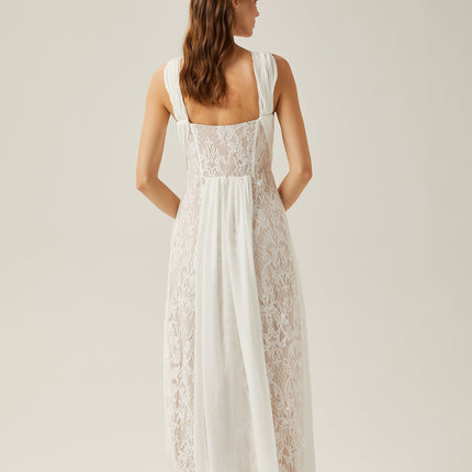 Violetta White Lace Maxi Dress V-neck Sleeveless Twist Pleat Detail Elegant Formal Wear