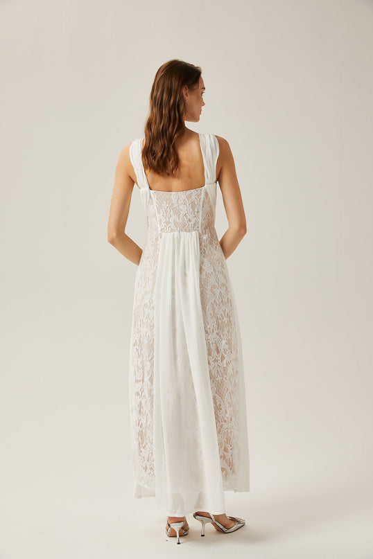 Violetta White Lace Maxi Dress V-neck Sleeveless Twist Pleat Detail Elegant Formal Wear