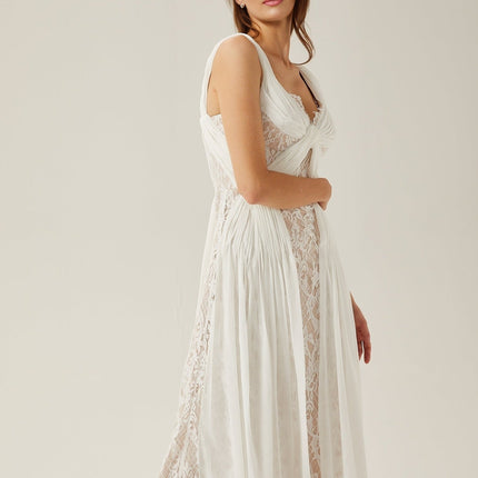 Violetta White Lace Maxi Dress V-neck Sleeveless Twist Detail Elegant