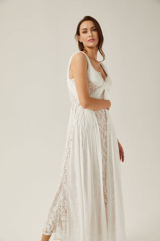 Violetta White Lace Maxi Dress V-neck Sleeveless Twist Detail Elegant